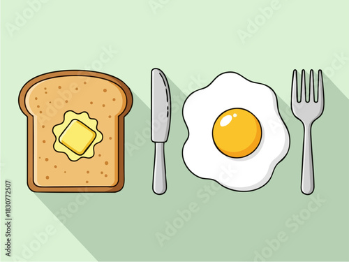 Breakfast Still Life - Toast, Butter, Egg, Knife, and Fork.