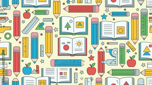 Playful school supplies pattern with colorful pencils, books, rulers, and apples for educational designs, vibrant and engaging classroom resources