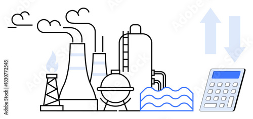Factory chimneys, refinery, fuel tower release emissions, with arrows and calculator signifying energy evaluation. Ideal for industry, energy, sustainability, pollution, economics analytics