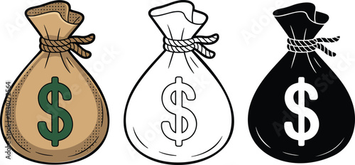 Money bag icon silhouette & Outline and illustration set isolated on transparent background