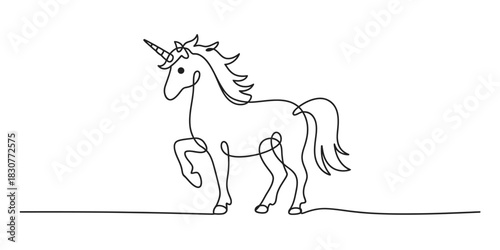 Unicorn continuous line drawing on a minimal white background. mythical creature, magic, fantasy, elegance, dreamlike, isolated vector art illustration. Vector, illustration