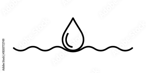 Water drop icon over wavy surface line art. outline illustration of a liquid droplet on water. concept of hydration, nature, ecology. Vector, illustration