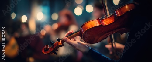 The Violin Close Up in a Concert Orchestra Under Warm Bokeh Stage Lighting