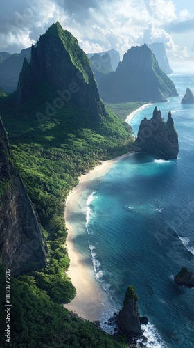 Lush Green Volcanic Islands Meet Turquoise Ocean Waters Creating a Secluded Tropical Cove with White Sandy Beach Illuminated by Soft Sunlight and Dramatic Clouds Above