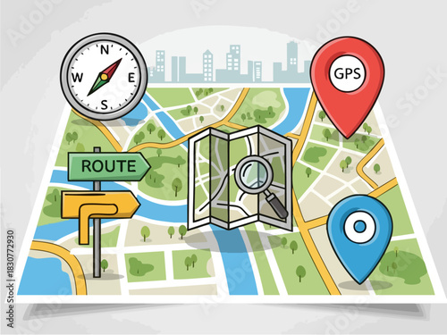 Navigational Tools and Map Illustration for Route Planning and GPS Location.