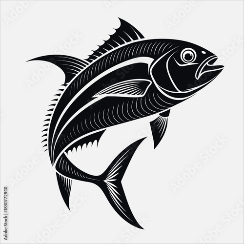 Striking Stylized Illustration of a Tuna or Jack Fish for Marine Graphics.Bold Aquatic Design: A Perfect Emblem for Fishing Enthusiasts and Ocean Brands.