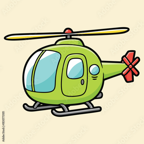 A cute cartoon illustration of a green helicopter with a main rotor and tail rotor, featuring windows and landing skids, on a plain background.