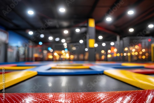 This trampoline’s vivid multicolored padding enhances a generous indoor play space designed for joyful bouncing and physical activity.