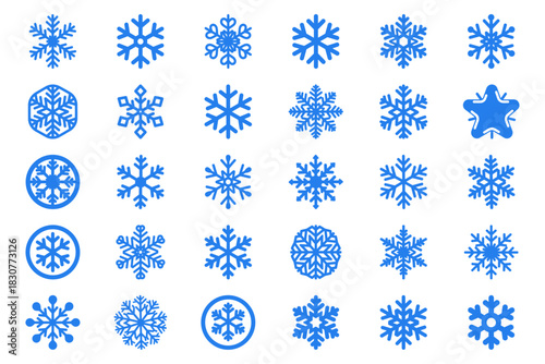 Diverse set of black snowflake icons for winter, christmas, holiday, and festive designs, offering various shapes and styles on a clean background.