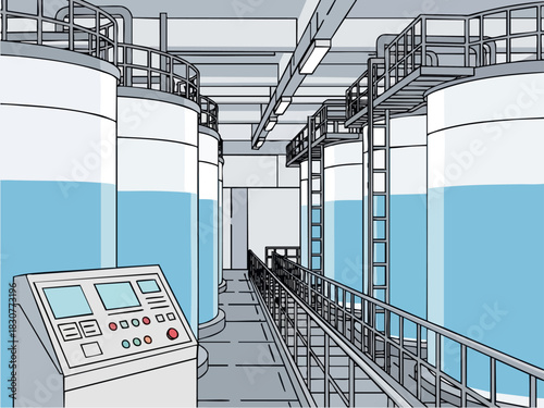 Industrial Water Treatment Plant with Tanks and Control Panel.