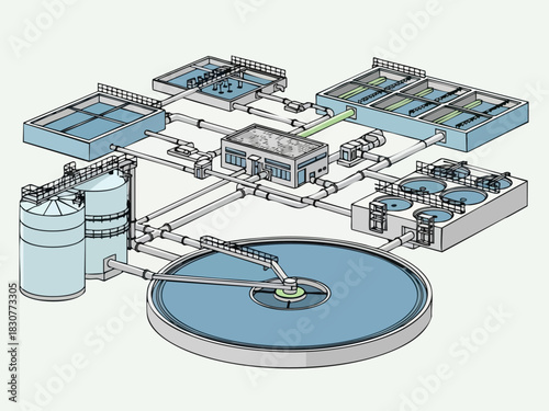 Detailed Diagram of a Wastewater Treatment Plant System.