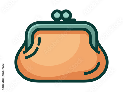A simple orange coin purse with a green clasp is depicted against a white background, symbolizing personal finance and savings.