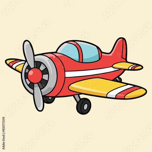 A vibrant cartoon illustration of a red and yellow biplane with a spinning propeller, depicted in a playful and simple style.