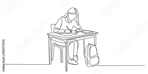 Continuous single line drawing of a student diligently studying at a school desk with books and a backpack, symbolizing education and learning Vector, illustration