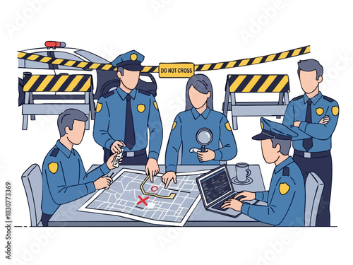 Police Team Investigating Crime Scene with Evidence and Map.