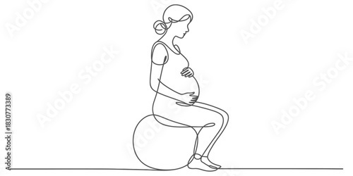 Continuous line drawing of pregnant woman doing prenatal exercise, sitting on a fitness ball, touching her growing baby bump Vector, illustration