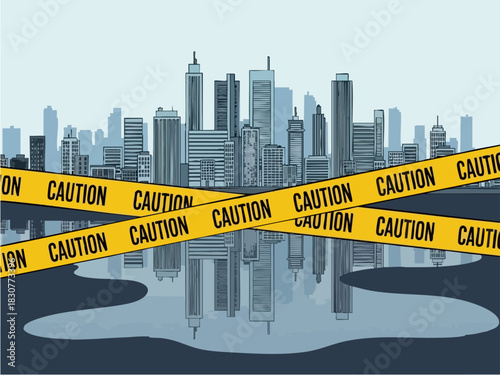 Caution Tape Blocking Cityscape Reflection in Water Puddle.
