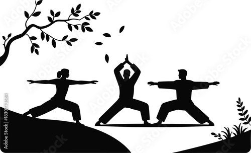 meditation silhouette illustration, cartoon outdoor exercise scene, Tai Chi yoga poses, nature wellness concept, peaceful movement artwork, fitness balance design