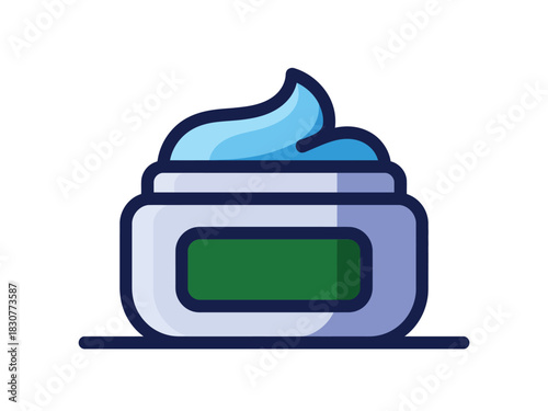 A jar of blue cream with a green label is presented against a white background.