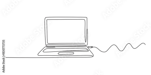 Continuous one line drawing of a minimalist modern laptop computer with a flowing, abstract data connection line. digital art concept. minimal design. Vector, illustration