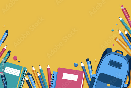Yellow back to school background with backpack and stationery  
