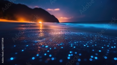 Ocean waves gently lap a dark sandy beach at night illuminating glowing bioluminescent plankton with warm artificial lights in the distance reflecting on wet sand