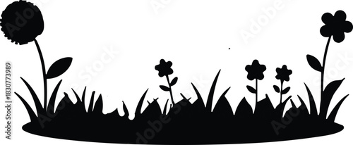 Black silhouette floral grass patch with wildflowers, nature meadow design, botanical garden elements, spring bloom, minimal vector art for decorative seasonal illustration packs