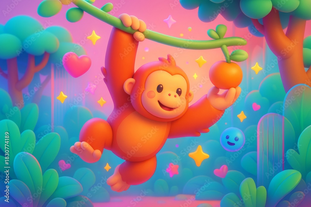 Obraz premium Cute cartoon monkey swinging on a vine in a colorful jungle with glowing hearts and stars in background, smiling and holding a fruit. Ai generative. Ai generative