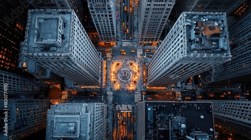 Overhead Aerial View of a Busy City Square at Night With Tall Buildings Lit Up Orange and Blue Lights People and Cars Moving In A Vibrant Urban Landscape