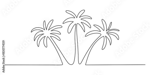 Continuous line drawing of three elegant tropical palm trees. minimalist vector illustration for summer holidays, travel, and nature design. Vector, illustration