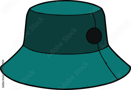 Bucket hat sketch, wide brim, cylindrical crown, stitched detail, side patch, fashion accessory, headwear design, vector illustration, stylish hat concept, casual outfit element