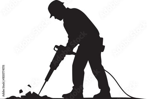 Silhouette of construction worker using jackhammer with debris on white background