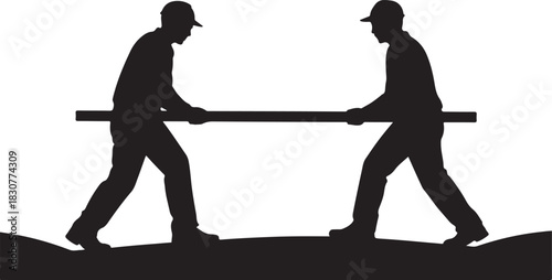 Two construction workers silhouette carrying pipe on uneven ground white background