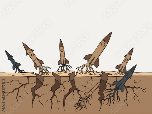 Rockets emerging from cracked ground, symbolizing growth and resilience.