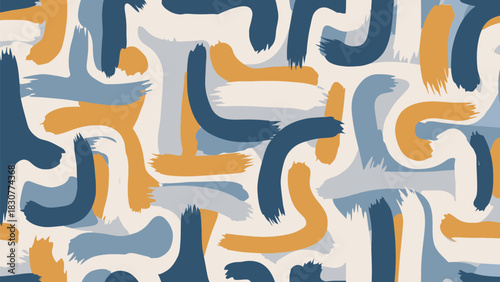 Stylish abstract brushstrokes in blue and gold create a modern and playful seamless pattern perfect for textiles, backgrounds, or creative projects