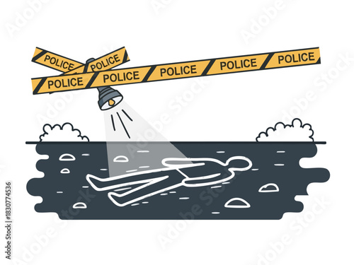 Crime Scene Illustration with Body Outline and Police Tape.