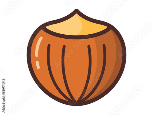 A single, stylized illustration of a hazelnut with a bite taken out of it, set against a white background.