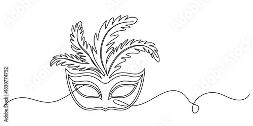 Elegant continuous line drawing of a masquerade mask with decorative feathers, symbolizing mystery, celebration, and artistic expression. abstract minimal outline. Vector, illustration