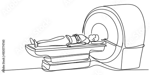 Continuous line drawing of a patient receiving a medical diagnostic scan in a modern hospital setting, highlighting advanced healthcare technology. Vector, illustration