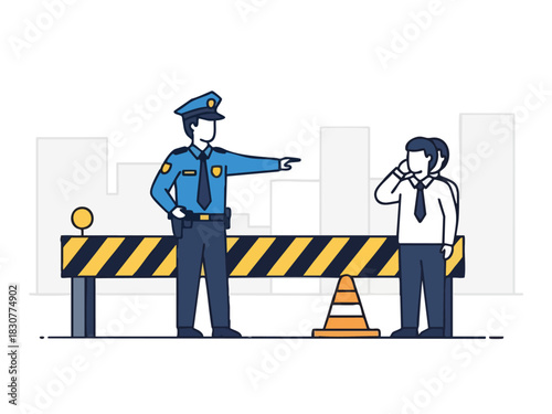 Police Officer Directing a Person at a Roadblock.
