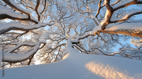 Snow Covered Tree Branches With Intricate Patterns Illuminated By Golden Sunlight In Winter With Clear Blue Sky