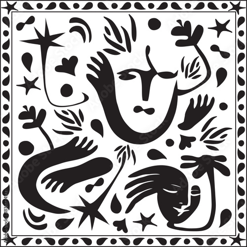 Dessins art abstrait Contemporain Visage Mains Palmier Nature Feuillage Gribouillis dessinés à la main Couleurs Noir et Blanc Vecteur