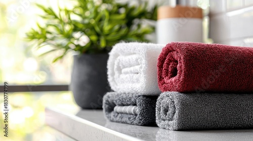 Softly Stacked Rolled Bath Towels White Burgundy Grey and Black Colors with Green Plant in Pot in Soft Natural Light on Countertop