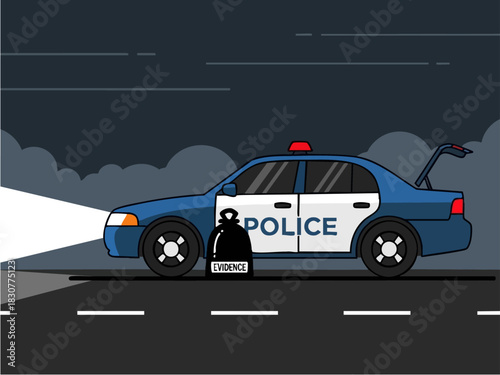 Police Car Scene with Evidence Bag and Open Trunk.