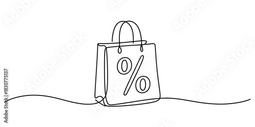 Continuous line art drawing of a shopping bag with a percentage sign, representing retail, shopping, discount, and sale promotion concept. Vector, illustration