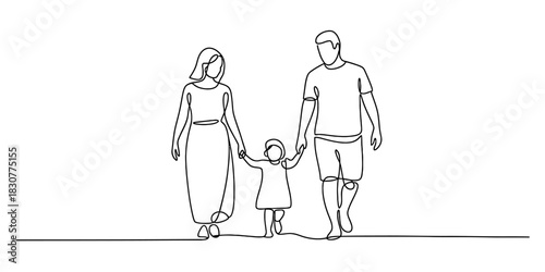 Continuous one line drawing of a happy family walking together, parents holding hands with their small child. parenthood concept illustration. Vector, illustration