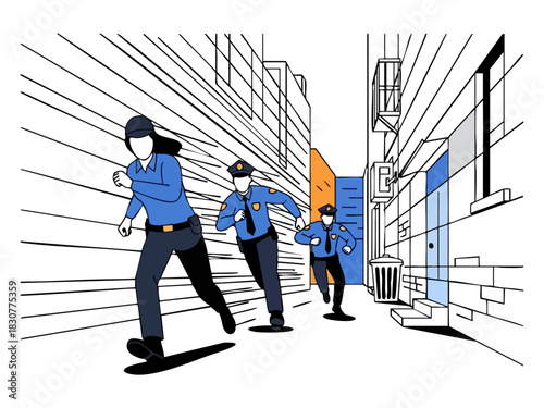 Police Officers in Pursuit - A Dynamic Alleyway Chase.