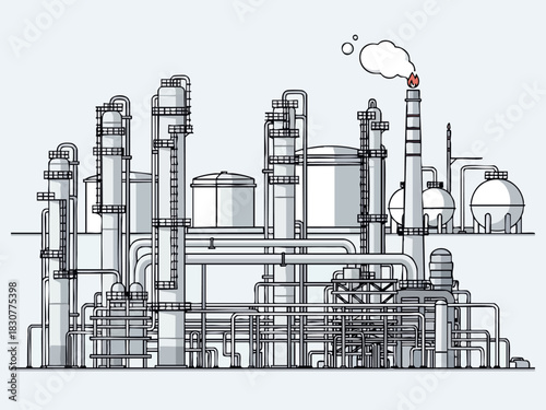 Detailed Line Art Illustration of an Industrial Plant with Chimney.
