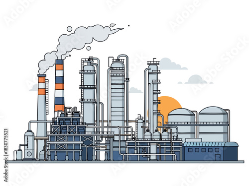 Industrial Plant Illustration - Detailed View of Refinery with Smoke Stacks.