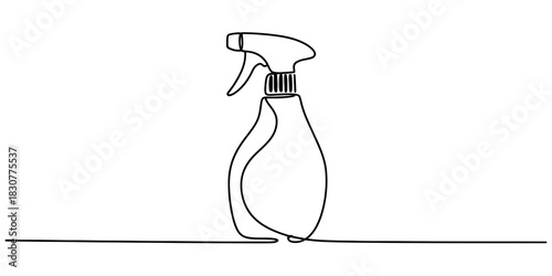 Continuous line art drawing of a versatile spray bottle, perfect for household cleaning, garden watering, and various liquid solutions. Vector, illustration